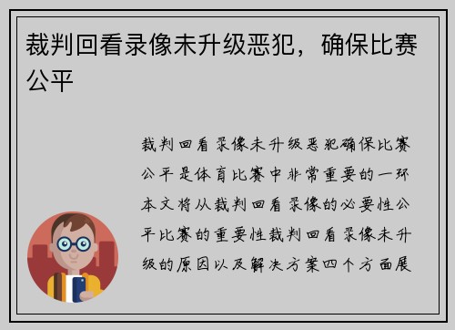 裁判回看录像未升级恶犯，确保比赛公平
